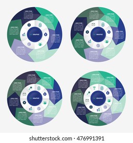 infographic template pie green and blue charts with 6, 7, 8, 9 steps