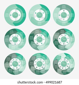 infographic template pie green charts with 2, 3, 4, 5, 6, 7, 8, 9, 10 steps
