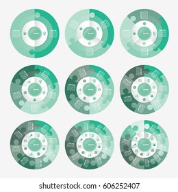 infographic template pie green charts with 2, 3, 4, 5, 6, 7, 8, 9, 10 steps