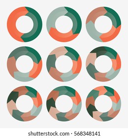 infographic template pie green and orange charts with 2, 3, 4, 5, 6, 7, 8, 9, 10 steps