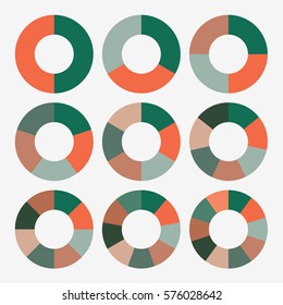 infographic template pie green and orange charts with 2, 3, 4, 5, 6, 7, 8, 9, 10 steps