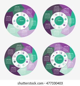 infographic template pie green and purple charts with 6, 7, 8, 9 steps