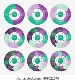 infographic template pie green and purple charts with 2, 3, 4, 5, 6, 7, 8, 9, 10 steps