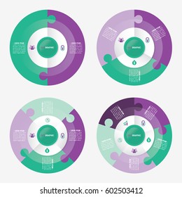 infographic template pie green and purple charts with 2, 3, 4, 5 steps