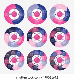 infographic template pie pink and blue charts with 2, 3, 4, 5, 6, 7, 8, 9, 10 steps