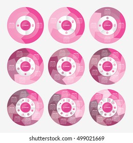 infographic template pie pink charts with 2, 3, 4, 5, 6, 7, 8, 9, 10 steps