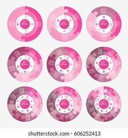 infographic template pie pink charts with 2, 3, 4, 5, 6, 7, 8, 9, 10 steps