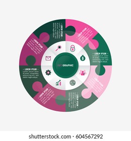 infographic template pie pink and green charts with 8 steps