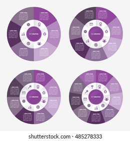 infographic template pie purple charts with 6, 7, 8, 9 steps