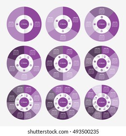 infographic template pie purple charts with 2, 3, 4, 5, 6, 7, 8, 9, 10 steps