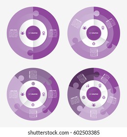 infographic template pie purple charts with 2, 3, 4, 5 steps