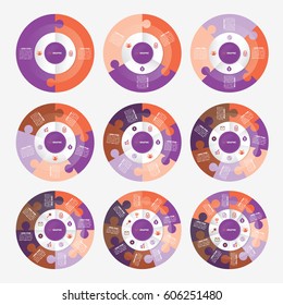 infographic template pie purple and orange charts with 2, 3, 4, 5, 6, 7, 8, 9, 10 steps