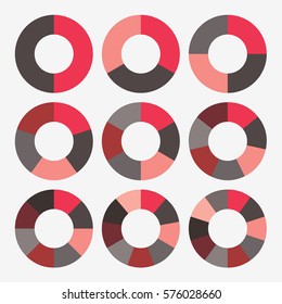 infographic template pie red and black charts with 2, 3, 4, 5, 6, 7, 8, 9, 10 steps