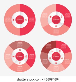 infographic template pie red charts with 2, 3, 4, 5 steps