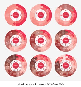 infographic template pie red charts with 2, 3, 4, 5, 6, 7, 8, 9, 10 steps