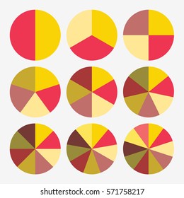 infographic template pie red and yellow charts with 2, 3, 4, 5, 6, 7, 8, 9, 10 steps