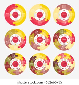 infographic template pie red and yellow charts with 2, 3, 4, 5, 6, 7, 8, 9, 10 steps