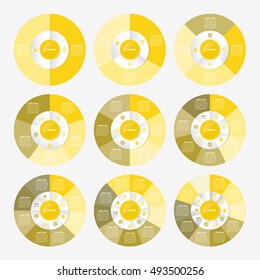 infographic template pie yellow charts with 2, 3, 4, 5, 6, 7, 8, 9, 10 steps