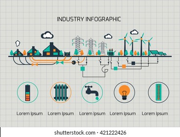 Infographic template.  The power supply of town by wind and sollar power stations.