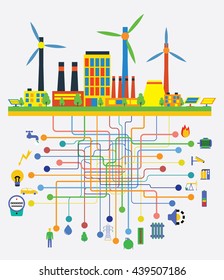 Infographic template. The power supply of town by wind and sollar power stations.