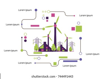 Infographic template. The power supply of town by wind and sollar power stations.