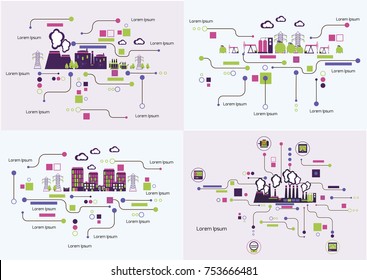 Infographic template. The power supply of town set of images.