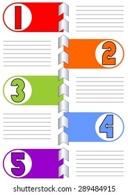 Infographic template for presentation of five options or steps with blank frames and lines for own message in trendy modern flat design. Colorful caption in rainbow.