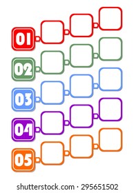Infographic template for presentation of five options or steps with blank frames for own message in multicolored design. 