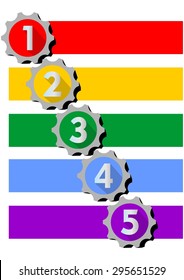 Infographic template for presentation of five options or steps with numbers in gear shapes. Blank frames for own message in multicolored design. 