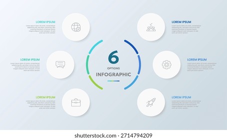 Plantilla de infografía para presentaciones con Elementos circulares de papel con íconos de negocios.