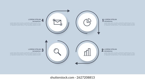 Plantilla infográfica para presentaciones. Cuatro pasos o procesos con iconos y espacio para datos