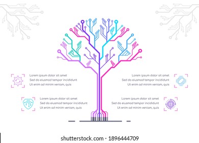 Plantilla infográfica con árbol de placas de circuitos impresos y opciones de texto sobre fondo blanco