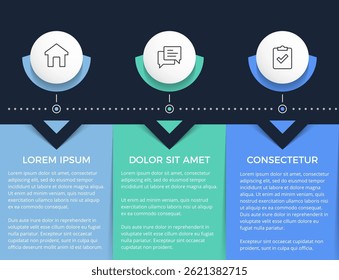 Infographic template of a process or workflow with three rectangular elements for your text, dark background, vector eps10 illustration