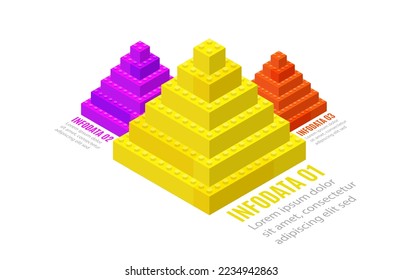 Infographic template of pyramids assembled from plastic blocks in isometric style for printing and design. Vector illustration.