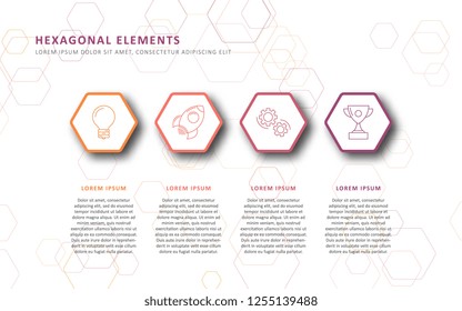infographic template with realistic 3d hexagonal elements and line icons. business process template with marketing stages for brochure, diagram, workflow, timeline, web design. eps 10