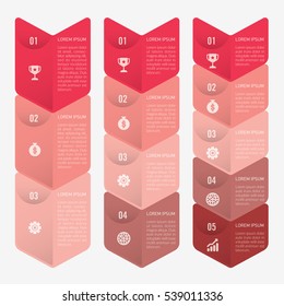 infographic template red with 3, 4, 5 steps