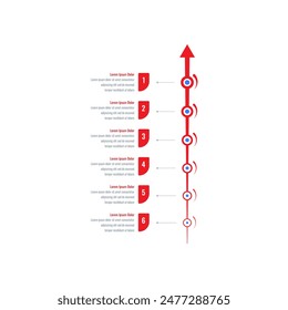 Plantilla infográfica con flechas rojas. Infografía Plantilla para la industria, la educación, los negocios y la ciencia. Revista, Plantilla de información del informe anual. Plantilla de información en seis pasos