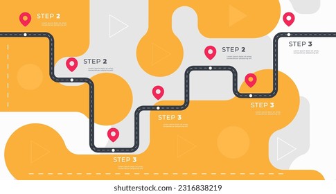 Infographic template with a road and markings on it. Concept of a business development path with key points at certain points. Vector illustration