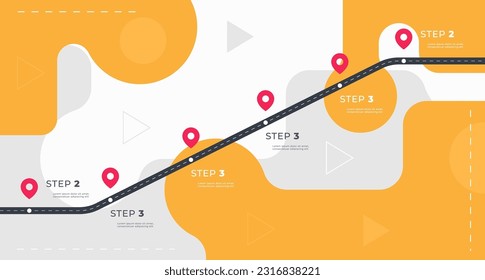 Infographic template with a road and markings on it. Concept of a business development path with key points at certain points. Vector illustration