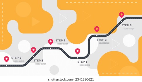 Infographic template with a road and markings on it. Concept of a business development path with key points at certain points. Vector illustration