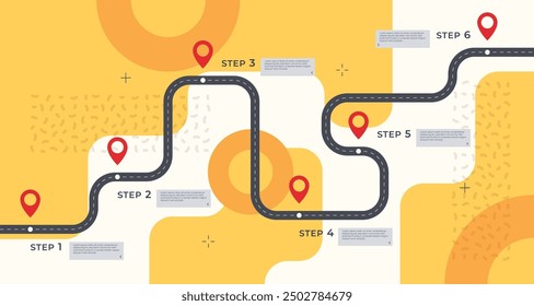 Infographic template with a road and markings on it. Concept of a business development path with key points at certain points. Vector illustration