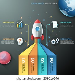 Infographic template with rocket and planets in open space. Vector. Can be used for web design and  workflow layout