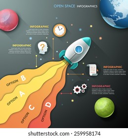 Infographic template with rocket and planets in open space. Vector. Can be used for web design and  workflow layout