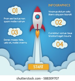 Infographic template of rocket or spaceship launches through the clouds. Start Up Concept. Can be used for web design and workflow layout. Vector design illustration.