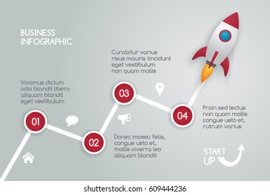 Infographic template of rocket or spaceship launches through the clouds. Successful startup business concept. Can be used for web design and workflow layout. Vector design illustration.