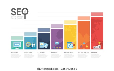 Infographic template seo optimization diagram presentation banner template. SEO Digital presentation layout. 7 option chart steps. vector