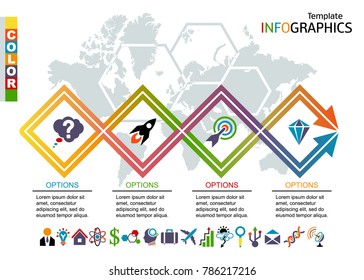 Infographic template. set elements with world map in background. includes a set of icons. vector illustration