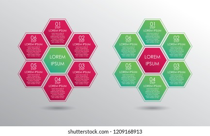 Infografik-Template-Set. Sechs Stufen-Flitterwabenbild