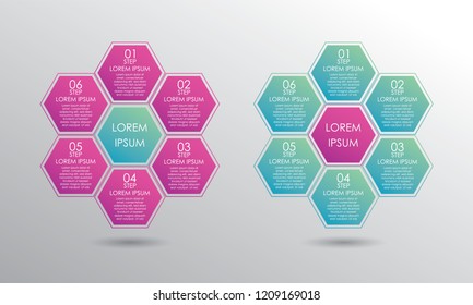 Infographic template set. Six steps honeycomb form diagram
