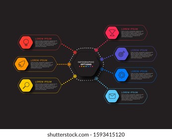 infographic template with seven hexagonal elements on black background. modern business process visualisation with thin line marketing icons. vector illustration easy to edit and customize. eps 10